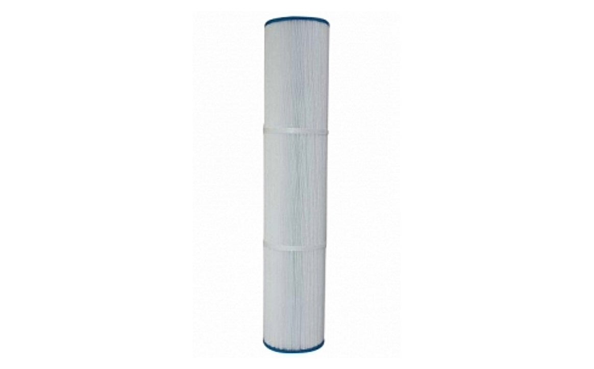 A cylindrical replacement filter cartridge with a pleated white body and blue end caps, shown vertically against a plain white background.