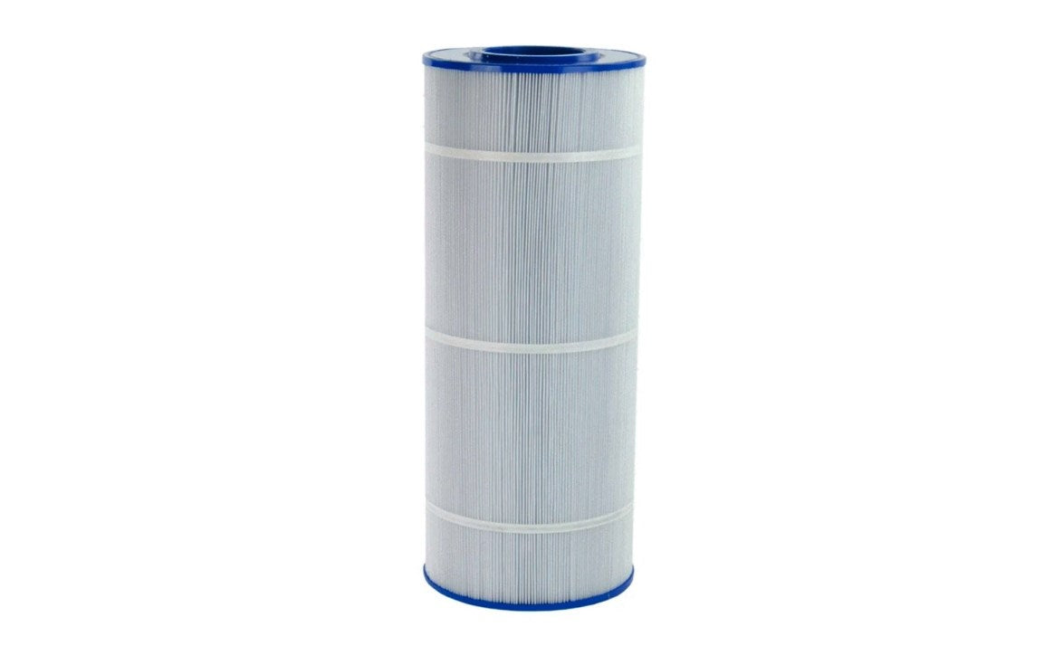 A cylindrical pool or spa filter cartridge with white pleated filter media and blue plastic end caps, shown on a solid white background.