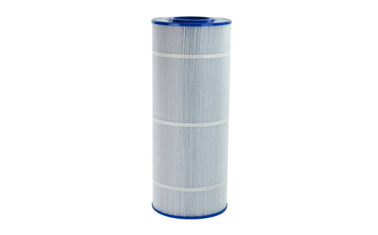 A cylindrical pool or spa filter cartridge with white pleated filter media and blue plastic end caps, shown on a solid white background.