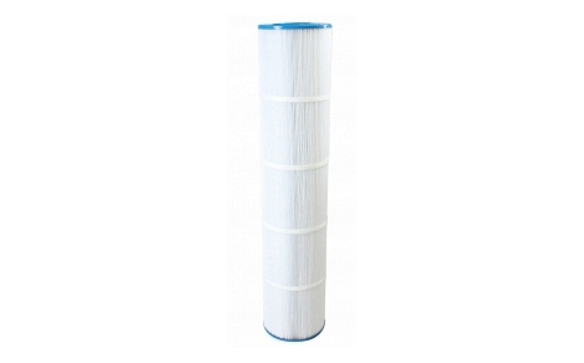 A cylindrical white pleated filter cartridge with blue end caps, shown vertically against a plain white background.