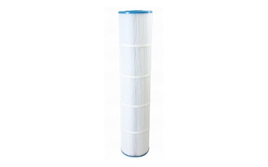 A cylindrical white pleated filter cartridge with blue end caps, shown vertically against a plain white background.
