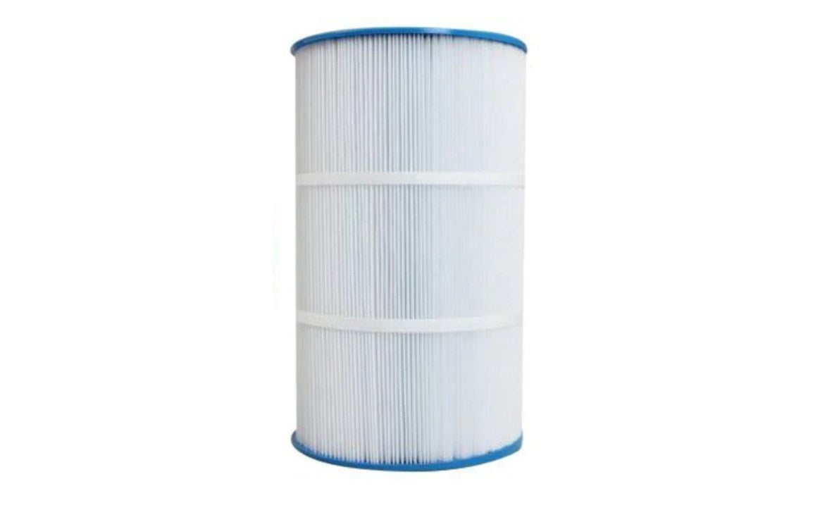 Cylindrical filter cartridge with blue rim on a white background