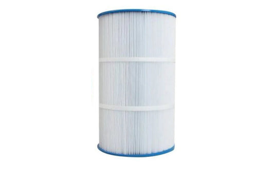 Cylindrical filter cartridge with blue rim on a white background