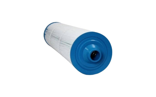 A cylindrical pool or spa filter cartridge with white pleated filter media and blue plastic end caps, shown on a plain white background.