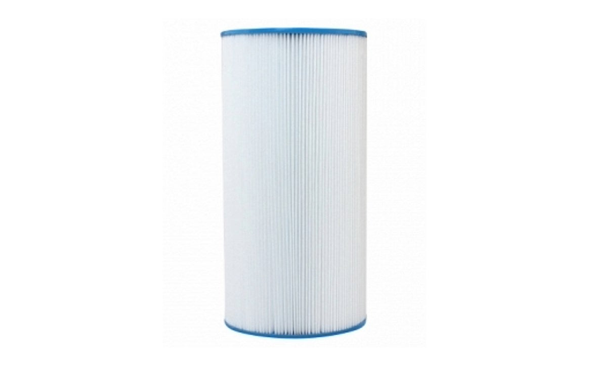A cylindrical pleated filter cartridge with white pleated material and blue plastic end caps, shown against a plain white background.