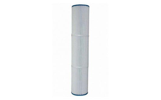 A cylindrical replacement filter cartridge with a pleated white body and blue end caps, shown vertically against a plain white background.