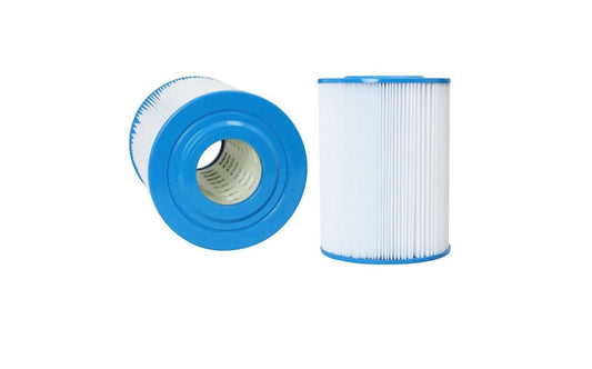 Two cylindrical pool or spa filter cartridges on a plain white background, one standing upright and one lying on its side to show the inner core.